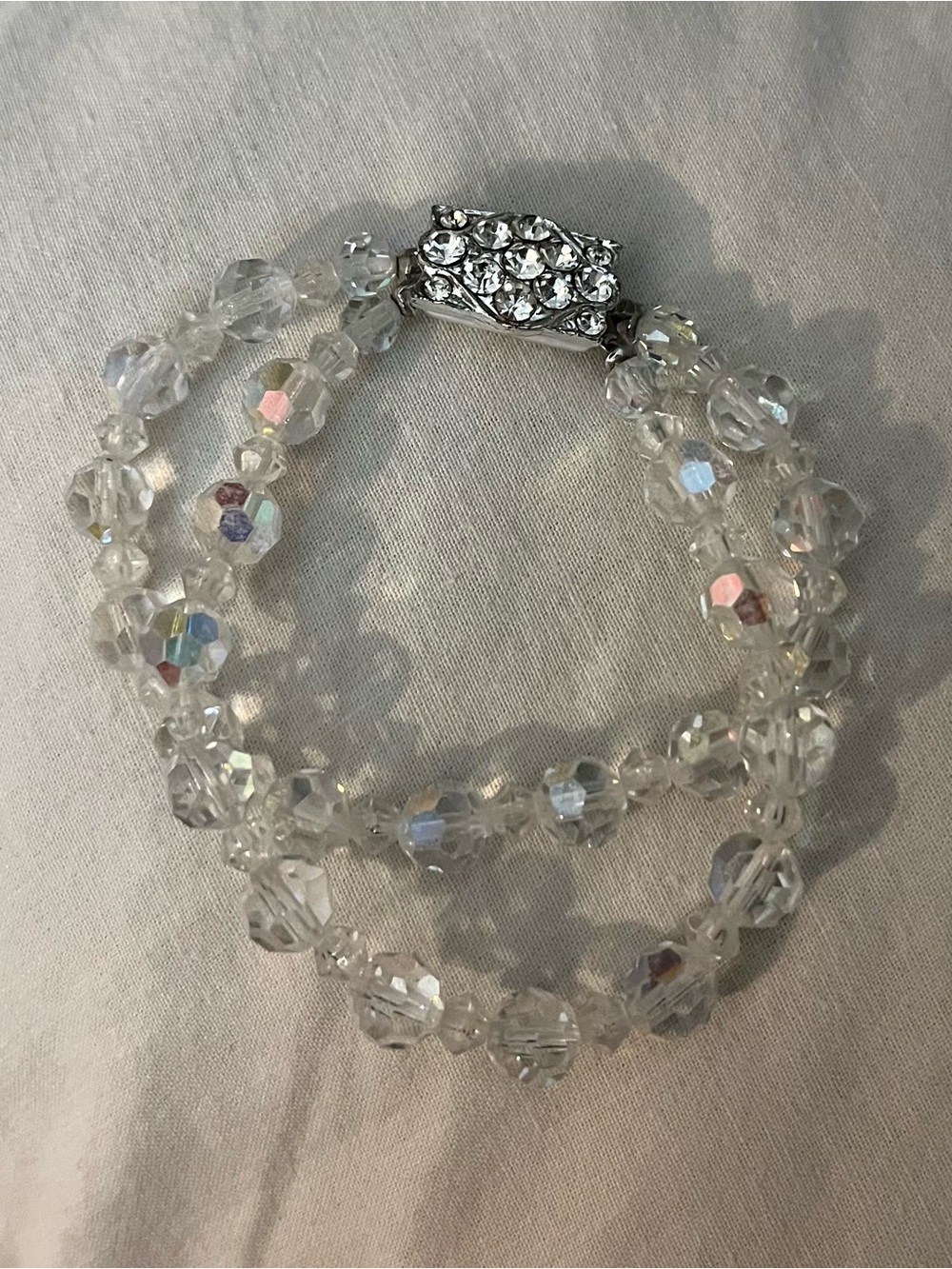 Vintage crystal double strand bracelet w/ sparkling rhinestone clasp